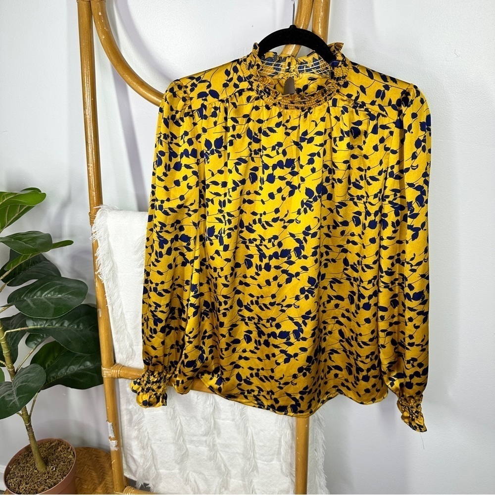 Anthropologie Frnch Gold and Blue Floral Blouse sz L